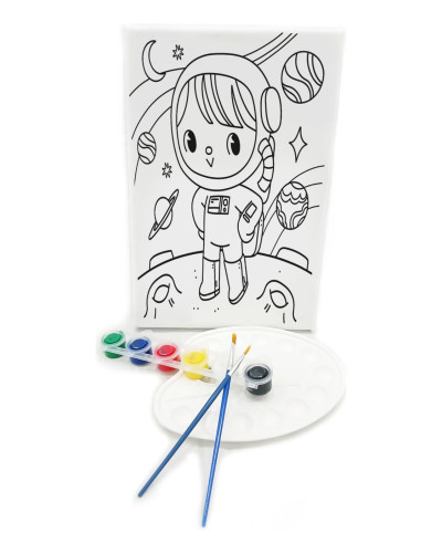 MİNİK ASTRONOT Minik Ressam Seti - 20 x 30 cm Önçizimli Tuval, 2 Adet Fırça, Palet ve Boya