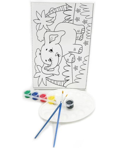 SEVİMLİ FİL Minik Ressam Seti - 20 x 30 cm Önçizimli Tuval, 2 Adet Fırça, Palet ve Boya