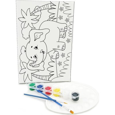 SEVİMLİ FİL Minik Ressam Seti - 20 x 30 cm Önçizimli Tuval, 2 Adet Fırça, Palet ve Boya