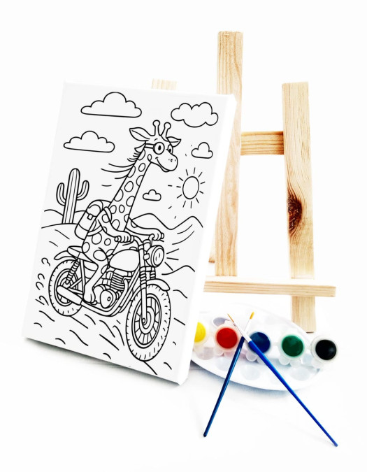 Motorcu Zürafa Ressam Seti - 20 x 30 cm Önçizimli Tuval, 2 Adet Fırça, Palet, Boyalar ve Şövale Motorcu Zürafa Ressam Seti - 20 x 30 cm Önçizimli Tuval, 2 Adet Fırça, Palet, Boyalar ve Şövale