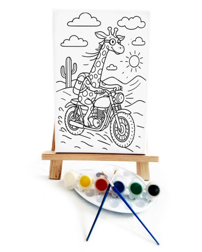 Motorcu Zürafa Ressam Seti - 20 x 30 cm Önçizimli Tuval, 2 Adet Fırça, Palet, Boyalar ve Şövale
