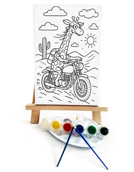 Motorcu Zürafa Ressam Seti - 20 x 30 cm Önçizimli Tuval, 2 Adet Fırça, Palet, Boyalar ve Şövale Motorcu Zürafa Ressam Seti - 20 x 30 cm Önçizimli Tuval, 2 Adet Fırça, Palet, Boyalar ve Şövale