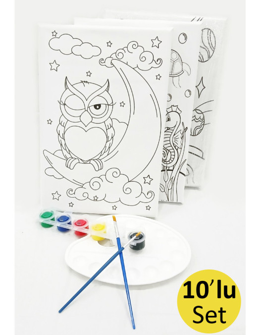10'lu Minik Ressam Seti 20 x 30 cm Önçizimli Tuval 2 Adet Fırça Palet ve Boya