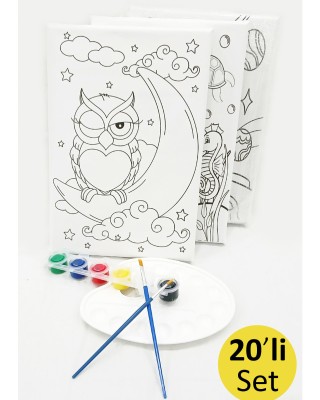 20'li Minik Ressam Seti 20 x 30 cm Önçizimli Tuval 2 Adet Fırça Palet ve Boya