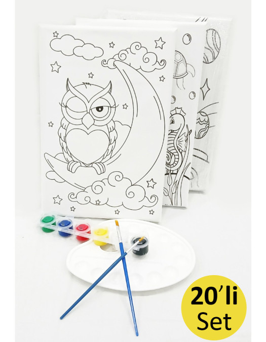 20'li Minik Ressam Seti 20 x 30 cm Önçizimli Tuval 2 Adet Fırça Palet ve Boya 20'li Minik Ressam Seti 20 x 30 cm Önçizimli Tuval 2 Adet Fırça Palet ve Boya