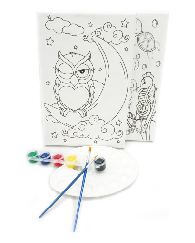 2'li Minik Ressam Seti 20 x 30 cm Önçizimli Tuval 2 Adet Fırça Palet ve Boya