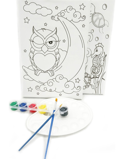 2'li Minik Ressam Seti 20 x 30 cm Önçizimli Tuval 2 Adet Fırça Palet ve Boya
