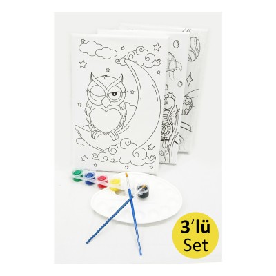 3'lü Minik Ressam Seti 20 x 30 cm Önçizimli Tuval 2 Adet Fırça Palet ve Boya