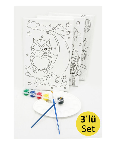 3'lü Minik Ressam Seti 20 x 30 cm Önçizimli Tuval 2 Adet Fırça Palet ve Boya