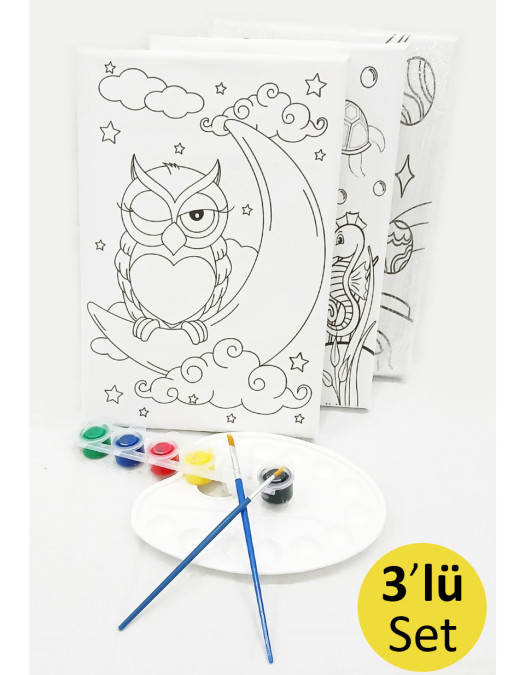 3'lü Minik Ressam Seti 20 x 30 cm Önçizimli Tuval 2 Adet Fırça Palet ve Boya