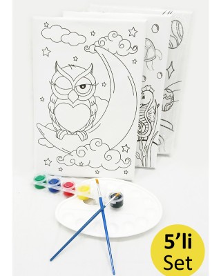 5'li Minik Ressam Seti 20 x 30 cm Önçizimli Tuval 2 Adet Fırça Palet ve Boya