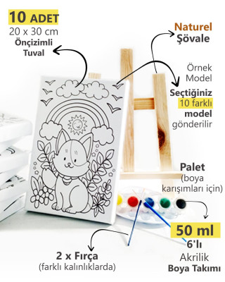 10'lu Çocuk Ressam Seti - 10 Ad. 20 x 30 cm Önçizimli Tuval, 2 Ad. Fırça, Palet, Boya & Şövale