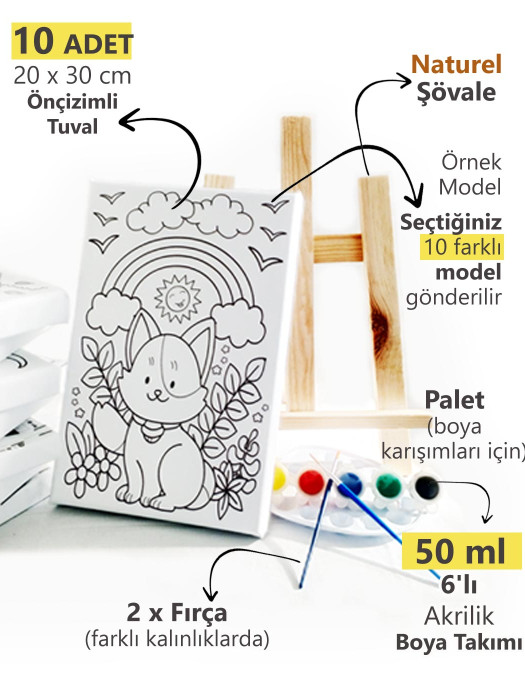 10'lu Çocuk Ressam Seti - 10 Ad. 20 x 30 cm Önçizimli Tuval, 2 Ad. Fırça, Palet, Boya & Şövale 10'lu Çocuk Ressam Seti - 10 Ad. 20 x 30 cm Önçizimli Tuval, 2 Ad. Fırça, Palet, Boya & Şövale