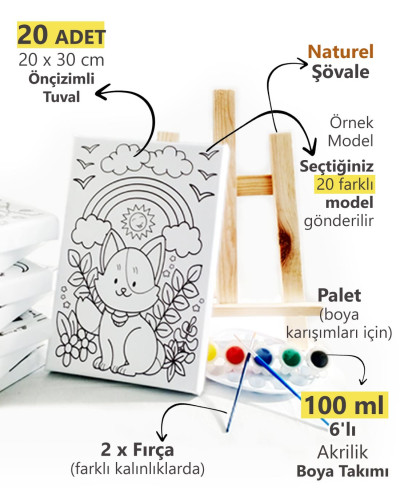 20'li Çocuk Ressam Seti - 20 Adet 20 x 30 cm Önçizimli Tuval, 2 Ad. Fırça, Palet, Boya & Şövale 20'li Çocuk Ressam Seti - 20 Adet 20 x 30 cm Önçizimli Tuval, 2 Ad. Fırça, Palet, Boya & Şövale