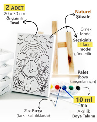 2'li Çocuk Ressam Seti - 2 Adet 20 x 30 cm Önçizimli Tuval, 2 Adet Fırça, Palet, Boyalar ve Şövale