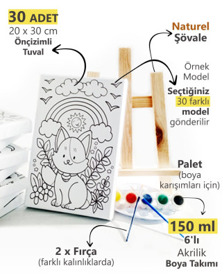30'lu Çocuk Ressam Seti - 30 Adet 20 x 30 cm Önçizimli Tuval, 2 Ad. Fırça, Palet, Boya & Şövale
