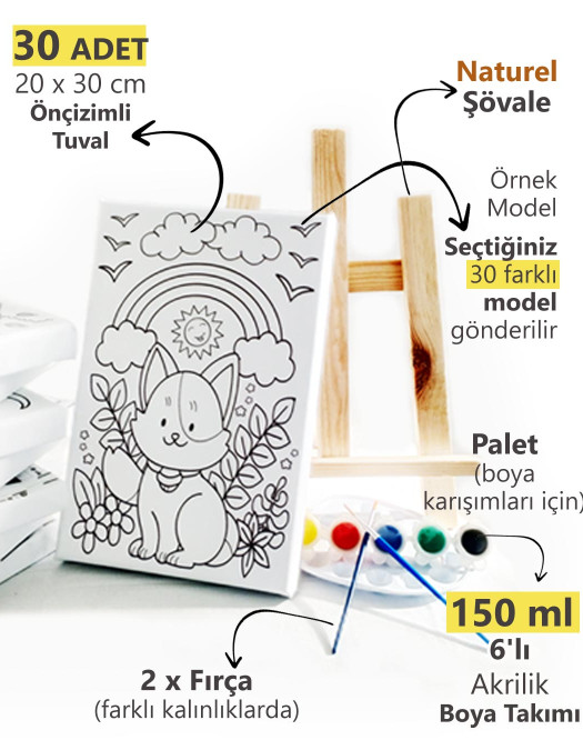 30'lu Çocuk Ressam Seti - 30 Adet 20 x 30 cm Önçizimli Tuval, 2 Ad. Fırça, Palet, Boya & Şövale 30'lu Çocuk Ressam Seti - 30 Adet 20 x 30 cm Önçizimli Tuval, 2 Ad. Fırça, Palet, Boya & Şövale