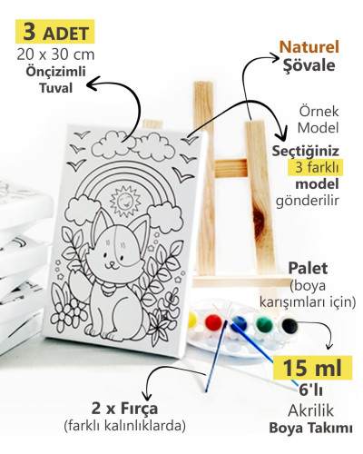 3'lü Çocuk Ressam Seti - 2 Adet 20 x 30 cm Önçizimli Tuval, 2 Adet Fırça, Palet, Boyalar ve Şövale 3'lü Çocuk Ressam Seti - 2 Adet 20 x 30 cm Önçizimli Tuval, 2 Adet Fırça, Palet, Boyalar ve Şövale