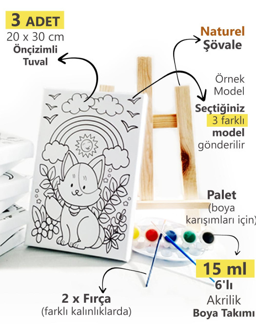 3'lü Çocuk Ressam Seti - 2 Adet 20 x 30 cm Önçizimli Tuval, 2 Adet Fırça, Palet, Boyalar ve Şövale