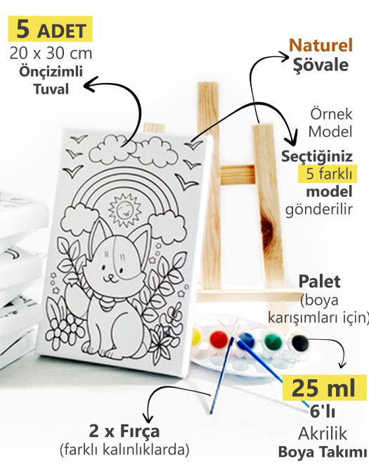 5'li Çocuk Ressam Seti - 5 Ad. 20 x 30 cm Önçizimli Tuval, 2 Ad. Fırça, Palet, Boya ve Şövale 5'li Çocuk Ressam Seti - 5 Ad. 20 x 30 cm Önçizimli Tuval, 2 Ad. Fırça, Palet, Boya ve Şövale