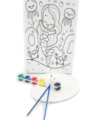 NEŞELİ DENİZ KIZI Minik Ressam Seti - 20 x 30 cm Önçizimli Tuval, 2 Adet Fırça, Palet ve Boya