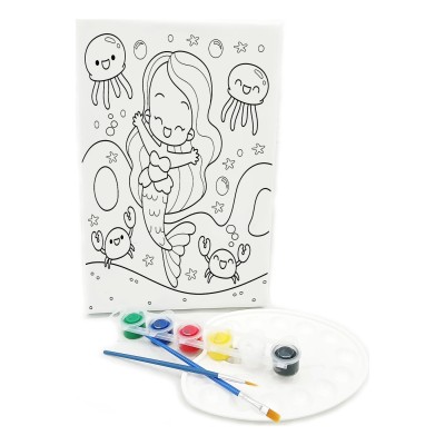 NEŞELİ DENİZ KIZI Minik Ressam Seti - 20 x 30 cm Önçizimli Tuval, 2 Adet Fırça, Palet ve Boya