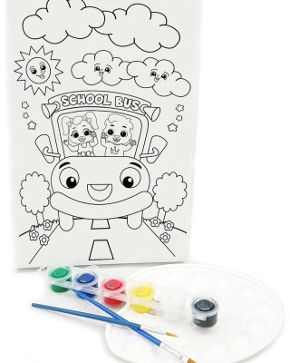 OKUL OTOBÜSÜ Minik Ressam Seti - 20 x 30 cm Önçizimli Tuval, 2 Adet Fırça, Palet ve Boya
