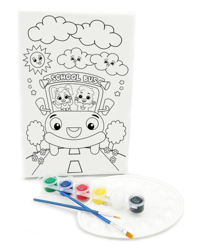 OKUL OTOBÜSÜ Minik Ressam Seti - 20 x 30 cm Önçizimli Tuval, 2 Adet Fırça, Palet ve Boya