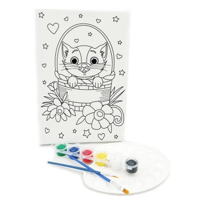 SEPETTEKİ KEDİ Minik Ressam Seti - 20 x 30 cm Önçizimli Tuval, 2 Adet Fırça, Palet ve Boya