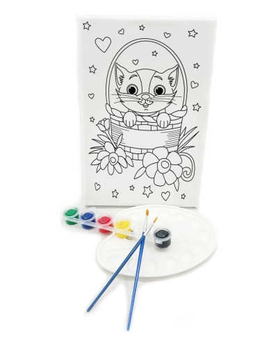 SEPETTEKİ KEDİ Minik Ressam Seti - 20 x 30 cm Önçizimli Tuval, 2 Adet Fırça, Palet ve Boya