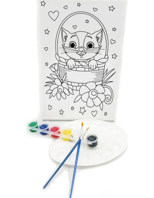 SEPETTEKİ KEDİ Minik Ressam Seti - 20 x 30 cm Önçizimli Tuval, 2 Adet Fırça, Palet ve Boya SEPETTEKİ KEDİ Minik Ressam Seti - 20 x 30 cm Önçizimli Tuval, 2 Adet Fırça, Palet ve Boya