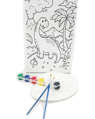SEVİMLİ DİNOZOR Minik Ressam Seti - 20 x 30 cm Önçizimli Tuval, 2 Adet Fırça, Palet ve Boya
