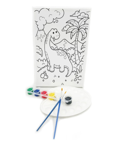 SEVİMLİ DİNOZOR Minik Ressam Seti - 20 x 30 cm Önçizimli Tuval, 2 Adet Fırça, Palet ve Boya
