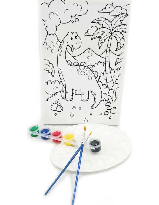 SEVİMLİ DİNOZOR Minik Ressam Seti - 20 x 30 cm Önçizimli Tuval, 2 Adet Fırça, Palet ve Boya SEVİMLİ DİNOZOR Minik Ressam Seti - 20 x 30 cm Önçizimli Tuval, 2 Adet Fırça, Palet ve Boya