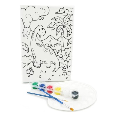 SEVİMLİ DİNOZOR Minik Ressam Seti - 20 x 30 cm Önçizimli Tuval, 2 Adet Fırça, Palet ve Boya