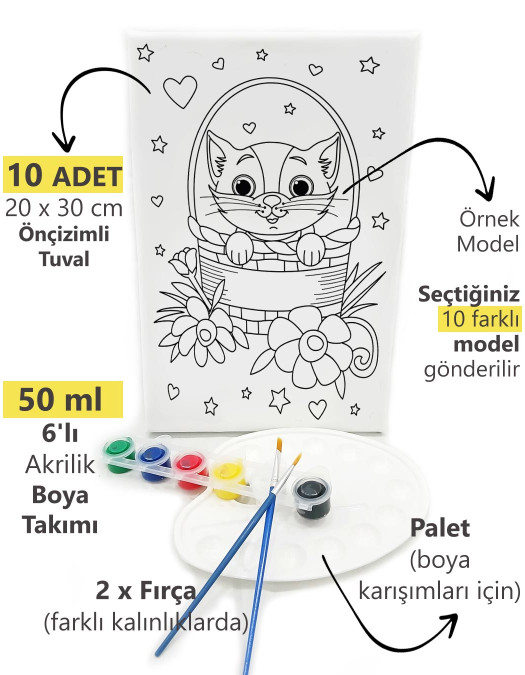10'lu Minik Ressam Seti 20 x 30 cm Önçizimli Tuval 2 Adet Fırça Palet ve Boya