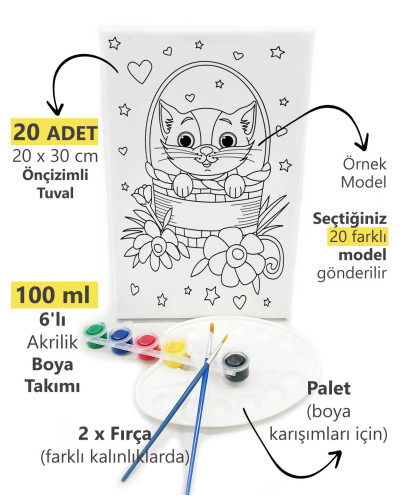 20'li Minik Ressam Seti 20 x 30 cm Önçizimli Tuval 2 Adet Fırça Palet ve Boya 20'li Minik Ressam Seti 20 x 30 cm Önçizimli Tuval 2 Adet Fırça Palet ve Boya