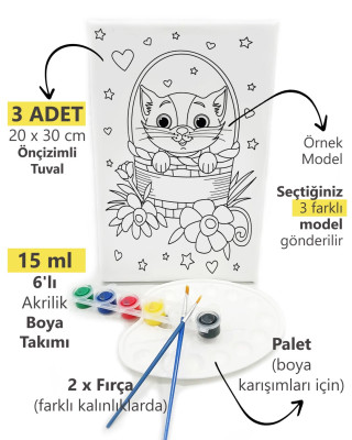 3'lü Minik Ressam Seti 20 x 30 cm Önçizimli Tuval 2 Adet Fırça Palet ve Boya