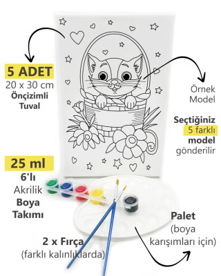 5'li Minik Ressam Seti 20 x 30 cm Önçizimli Tuval 2 Adet Fırça Palet ve Boya