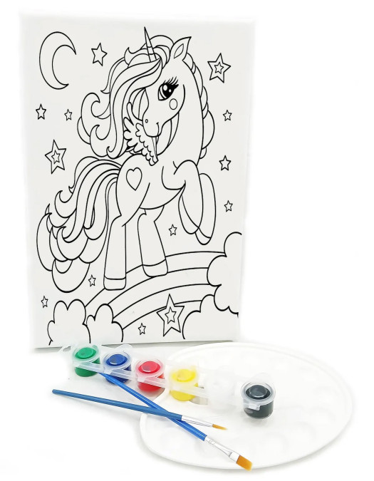 UNICORN Minik Ressam Seti - 20 x 30 cm Önçizimli Tuval, 2 Adet Fırça, Palet ve Boya UNICORN Minik Ressam Seti - 20 x 30 cm Önçizimli Tuval, 2 Adet Fırça, Palet ve Boya