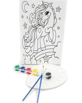 UNICORN Minik Ressam Seti - 20 x 30 cm Önçizimli Tuval, 2 Adet Fırça, Palet ve Boya
