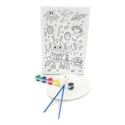 SEVİMLİ UZAYLI Minik Ressam Seti - 20 x 30 cm Önçizimli Tuval, 2 Adet Fırça, Palet ve Boya