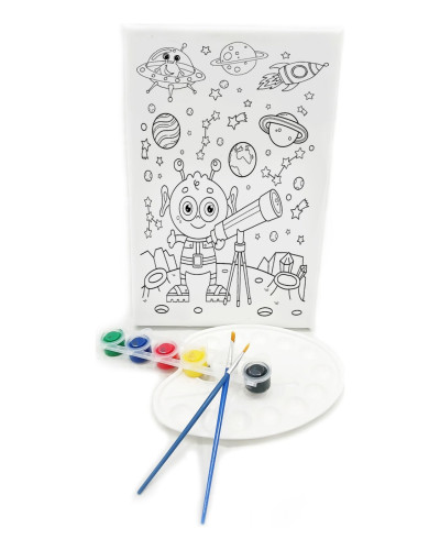 SEVİMLİ UZAYLI Minik Ressam Seti - 20 x 30 cm Önçizimli Tuval, 2 Adet Fırça, Palet ve Boya