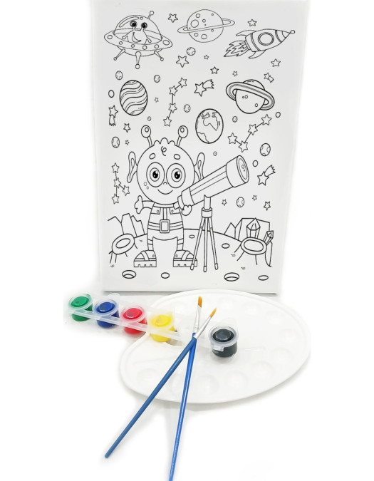 SEVİMLİ UZAYLI Minik Ressam Seti - 20 x 30 cm Önçizimli Tuval, 2 Adet Fırça, Palet ve Boya SEVİMLİ UZAYLI Minik Ressam Seti - 20 x 30 cm Önçizimli Tuval, 2 Adet Fırça, Palet ve Boya