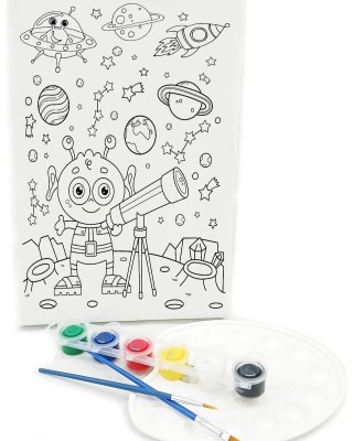 SEVİMLİ UZAYLI Minik Ressam Seti - 20 x 30 cm Önçizimli Tuval, 2 Adet Fırça, Palet ve Boya