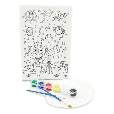 SEVİMLİ UZAYLI Minik Ressam Seti - 20 x 30 cm Önçizimli Tuval, 2 Adet Fırça, Palet ve Boya