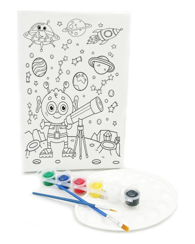 SEVİMLİ UZAYLI Minik Ressam Seti - 20 x 30 cm Önçizimli Tuval, 2 Adet Fırça, Palet ve Boya SEVİMLİ UZAYLI Minik Ressam Seti - 20 x 30 cm Önçizimli Tuval, 2 Adet Fırça, Palet ve Boya