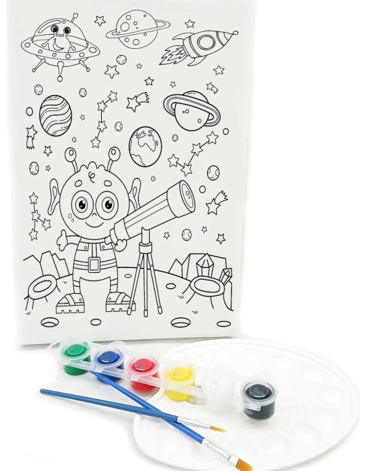 SEVİMLİ UZAYLI Minik Ressam Seti - 20 x 30 cm Önçizimli Tuval, 2 Adet Fırça, Palet ve Boya SEVİMLİ UZAYLI Minik Ressam Seti - 20 x 30 cm Önçizimli Tuval, 2 Adet Fırça, Palet ve Boya