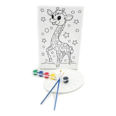 YAVRU ZÜRAFA Minik Ressam Seti - 20 x 30 cm Önçizimli Tuval, 2 Adet Fırça, Palet ve Boya