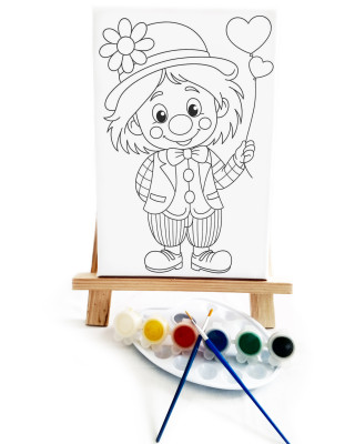 Balonlu Palyaço Çocuk Ressam Seti - Önçizimli Tuval, 2 Adet Fırça, Palet, Boyalar ve Şövale